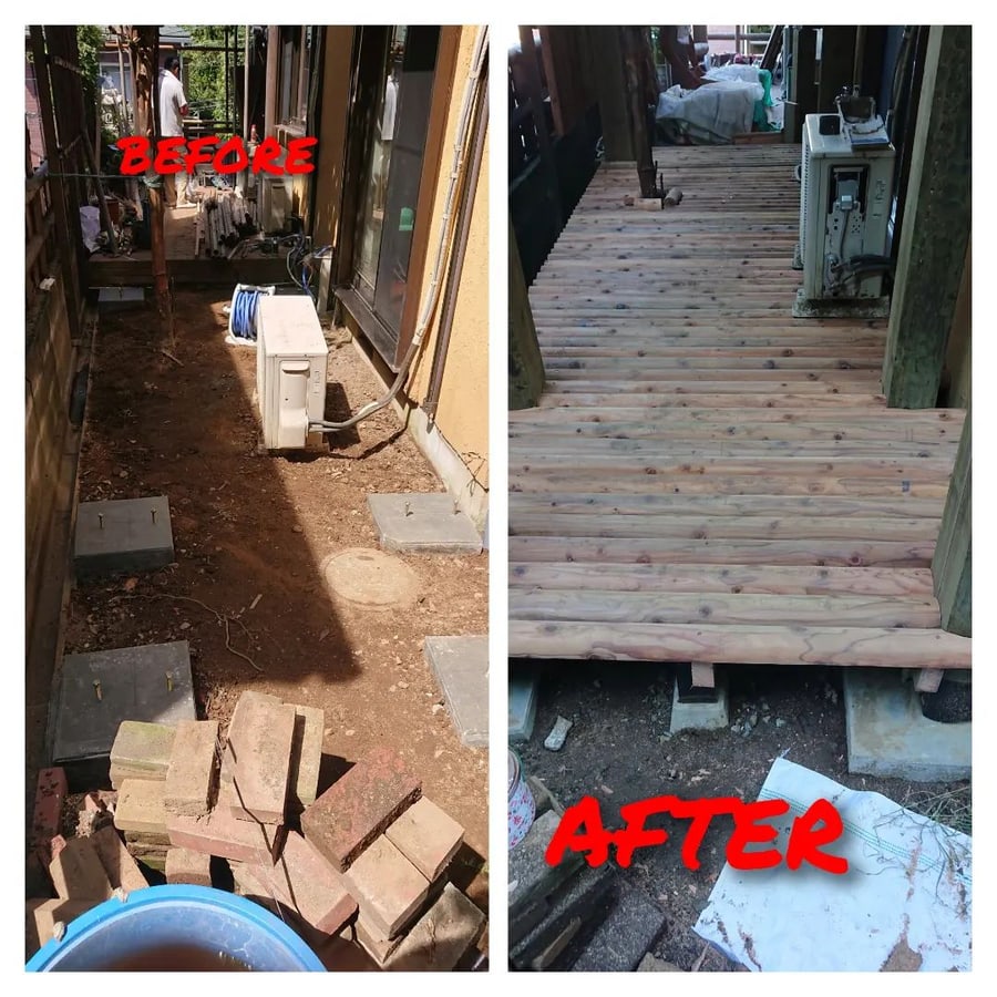 通路のウッドデッキ敷設